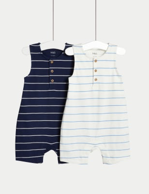 2pk Pure Cotton Slub Striped Rompers (0-3 Yrs)