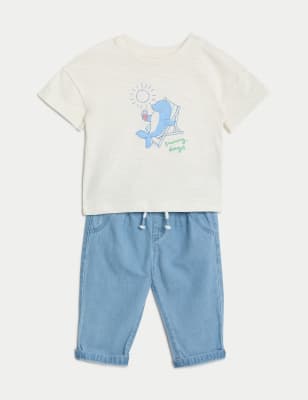 

M&S Collection 2-teiliges Outfit mit hohem Baumwollanteil und Schriftzug (0-3 J.) - Denim Mix, Denim Mix