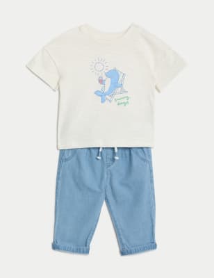 M&S Boys 2pc Cotton Rich Slogan Outfit (0-3 Yrs) - 0-3 M - Denim Mix, Denim Mix