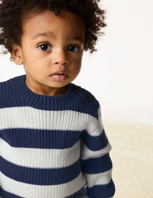 M&S Boy's Pure Cotton Striped Knitted Jumper (0-3 Yrs) - 0-3 M - Navy Mix, Navy Mix