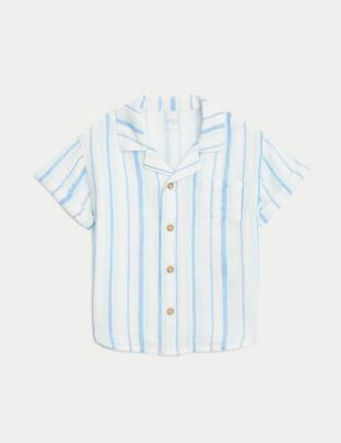 M&S Boys Pure Cotton Striped Shirt (0-3Yrs) - 0-3 M - Ivory Mix, Ivory Mix