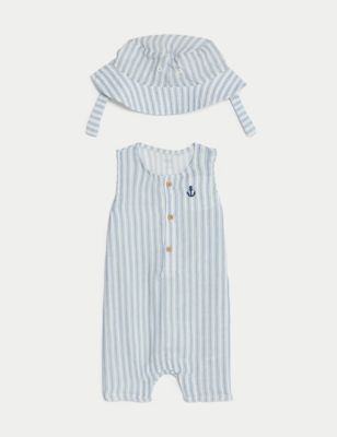 

Boys M&S Collection 2pc Cotton Pure Cotton Striped Romper and Hat (0-3 Yrs) - Blue Mix, Blue Mix