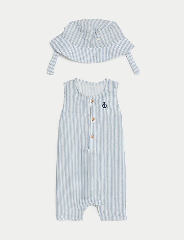 2pc Cotton Pure Cotton Striped Romper and Hat (0–3 Yrs) - JP