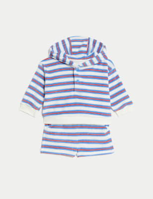 M&S Boy's 2pc Cotton Rich Towelling Striped Outfit (0-3 Yrs) - 3-6 M - Navy Mix, Navy Mix