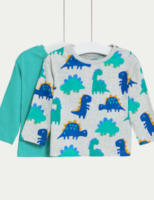 2pk Pure Cotton Dinosaur & Plain Tops (0-3 Yrs) - AL