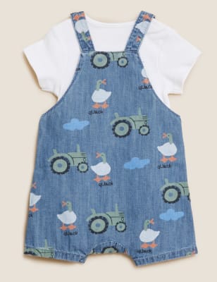 

M&S Collection Conjunto de 2 piezas 100% algodón con peto con estampado de tractores (0-3 años) - Denim Mix, Denim Mix
