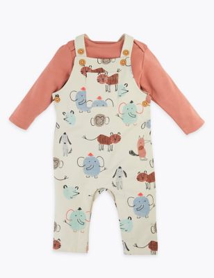 Cotton Rich Animal Dungaree Outfit (0-3 Yrs) | M&S