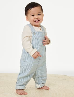 

M&S Collection 2-teiliges Outfit mit hohem Baumwollanteil und gestreifter Latzhose (0-3 J.) - Blue Mix, Blue Mix