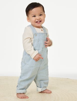 

Boys M&S Collection 2pc Cotton Rich Striped Dungaree Outfit (0-3 Yrs) - Blue Mix, Blue Mix