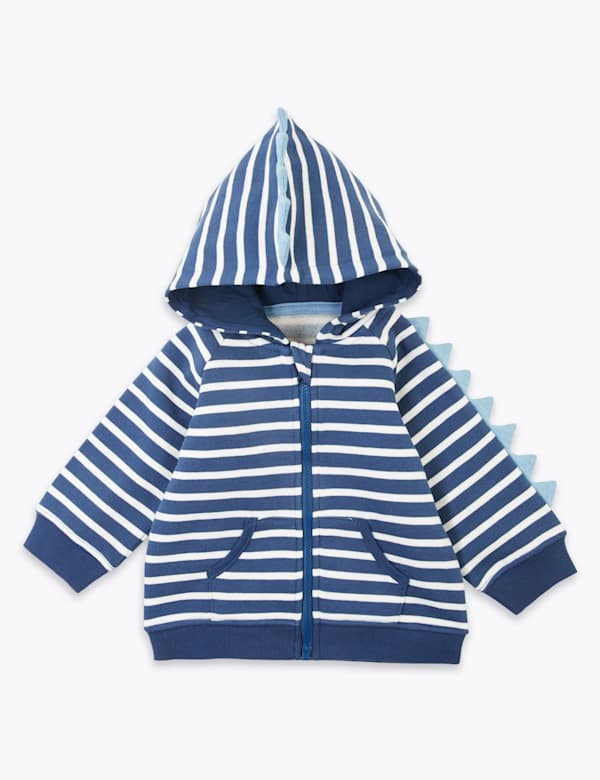 Cotton Rich Striped 3D Dinosaur Hoodie (0-3 Yrs)
