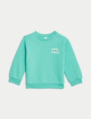 M&S Boys Cotton Rich Cool Vibes Slogan Sweatshirt (0-3 Yrs) - 3-6 M - Green, Green