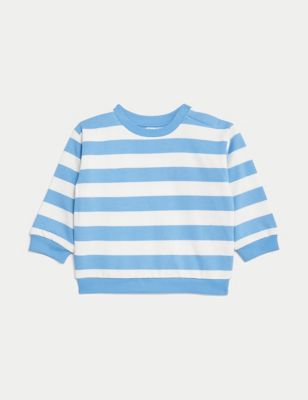 M&S Boys Pure Cotton Striped Sweatshirt (0-3 Yrs) - 3-6 M - Blue, Blue