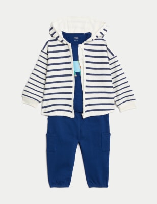 

Boys M&S Collection 3pc Cotton Rich Striped Dinosaur Outfit (0-3 Yrs) - Blue Mix, Blue Mix