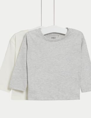 M&S Boys 2pk Pure Cotton Tops (0-3 Yrs) - 3-6 M - Grey Mix, Grey Mix