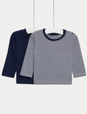 M&S Boy's 2pk Pure Cotton Plain & Striped Tops (0-3 Yrs) - 0-3 M - Multi, Multi