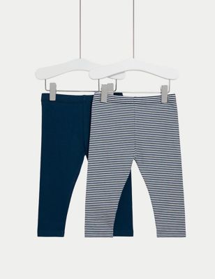 M&S Boy's 2pk Cotton Rich Striped & Plain Leggings (0-3 Yrs) - 0-3 M - Navy Mix, Navy Mix