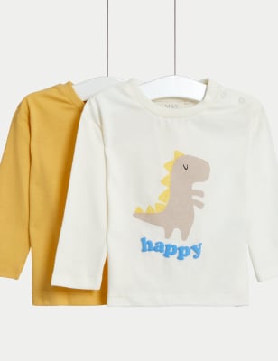 

M&S Collection 2er-Pack Oberteile aus reiner Baumwolle, einfarbig und mit Dinosauriermotiv (0-3 Jahre) - Multi, Multi