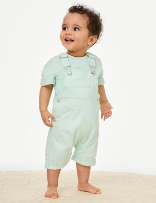 M&S Boy's 2pc Pure Cotton Outfit (0-3 Yrs) - 6-9 M - Green, Green,Blue