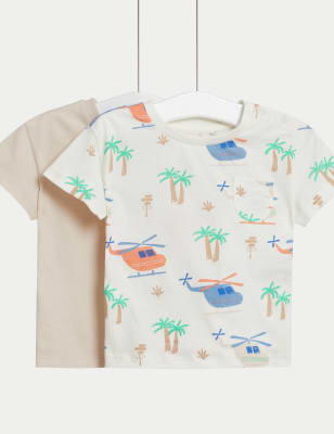 

M&S Collection Pack de 2 tops 100% algodón con estampado de helicópteros (0-3 años) - Multi, Multi