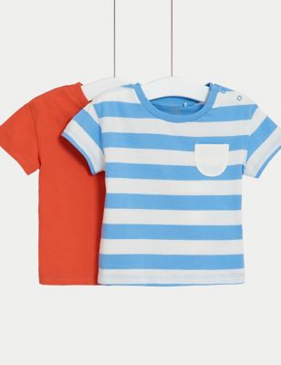 M&S Boy's 2pk Pure Cotton Striped T-Shirts (0-3 Yrs) - 3-6 M - Multi, Multi