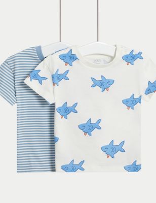 M&S Boys 2pk Pure Cotton Shark T-Shirts (0-3 Yrs) - 6-9 M - Blue Mix, Blue Mix