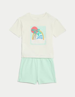 M&S Boy's Pure Cotton Top & Bottom Outfit (0-3 Yrs) - 3-6 M - Multi, Multi