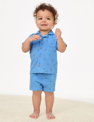 M&S Boys 2pc Pure Cotton Shirt and Shorts Outfit (0-3 Yrs) - 0-3 M - Blue, Blue