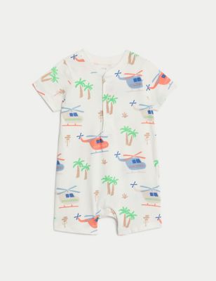 M&S Boys Pure Cotton Helicopter Romper (0-3 Yrs) - 3-6 M - Ivory Mix, Ivory Mix