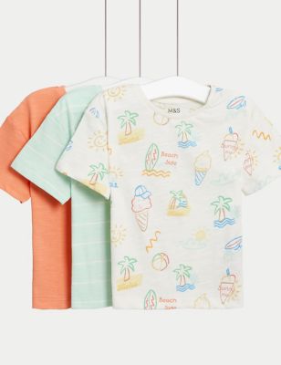 M&S Boy's 3pk Pure Cotton Printed T-Shirts (0-3 Yrs) - 0-3 M - Multi, Multi