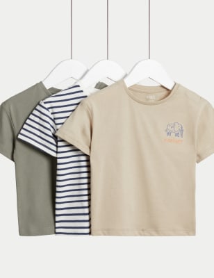 

M&S Collection Pack de 3 camisetas 100% algodón de rayas y con diseño de elefante (0-3 años) - Multi, Multi