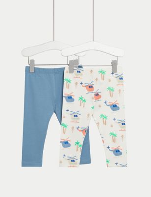 M&S Boys 2pk Cotton Rich Printed Leggings (0 Months - 3 Years) - 0-3 M - Ivory Mix, Ivory Mix