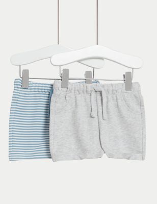 M&S Boys 2pk Cotton Rich Striped Shorts (0-3 Yrs) - 0-3 M - Blue Mix, Blue Mix
