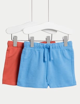 M&S Boys 2pk Cotton Rich Shorts (0-3 Yrs) - 3-6 M - Red Mix, Red Mix,Navy Mix