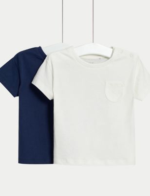 M&S Boys 2pk Pure Cotton T-Shirts (0-3 Yrs) - 3-6 M - Navy Mix, Navy Mix