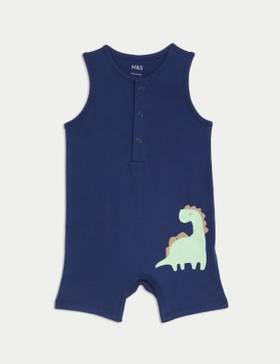 M&S Boy's Pure Cotton Dinosaur Romper (0-3 Yrs) - 3-6 M - Navy, Navy