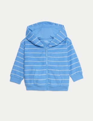 M&S Boys Cotton Rich Striped Zip Hoodie (0-3 Yrs) - 0-3 M - Blue Mix, Blue Mix,Brown Mix