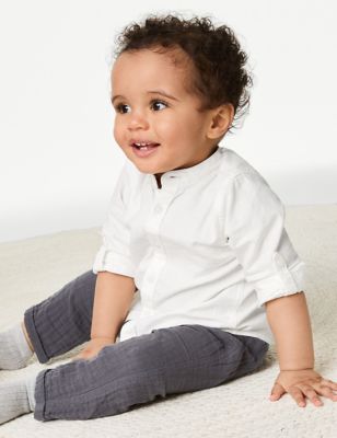 M&S Boy's Linen Blend Grandad Shirt (0-3 Yrs) - 3-6 M - White, White