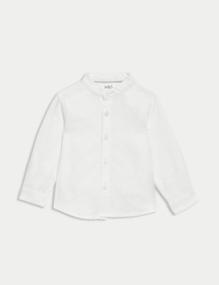 M&S Boys Linen Blend Grandad Shirt (0-3 Yrs) - 3-6 M - White, White