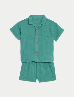

Boys M&S Collection 2pc Pure Cotton Double Cloth Shirt Outfit (0-3 Yrs) - Green, Green