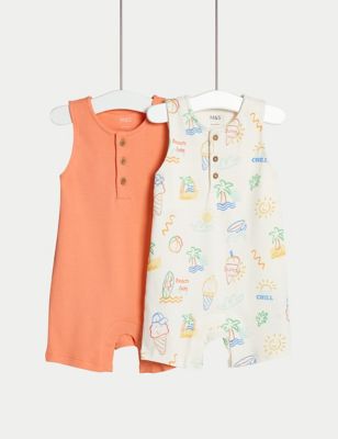 M&S Boy's 2pk Pure Cotton Rompers (0-3 Yrs) - 0-3 M - Coral Mix, Coral Mix