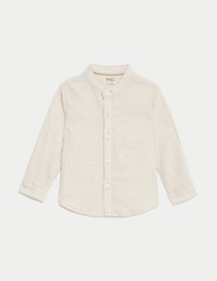 M&S Boys Linen Blend Striped Grandad Shirt (0-3 Yrs) - 3-6 M - Neutral, Neutral