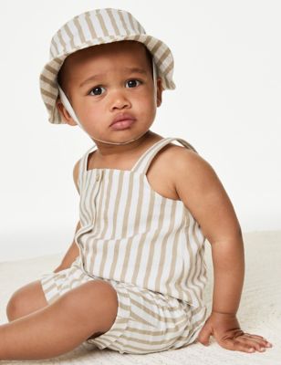 M&S Boys Cotton Rich Striped Romper with Hat (0-3 Yrs) - 0-3 M - Brown Mix, Brown Mix