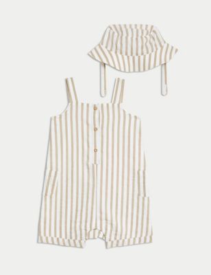 M&S Boys Cotton Rich Striped Romper with Hat (0-3 Yrs) - 0-3 M - Brown Mix, Brown Mix