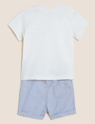 

M&S Collection Gestreiftes Outfit aus reiner Baumwolle mit Schriftzug (0-3 J.) - Blue Mix, Blue Mix
