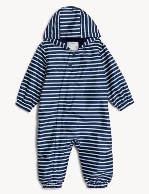 M&S Boy's Striped Hooded Puddlesuit (0-3 Yrs) - 3-6 M - Navy Mix, Navy Mix