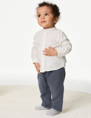 M&S Boy's Pure Cotton Trousers (0-3 Yrs) - 0-3 M - Charcoal, Charcoal,Neutral