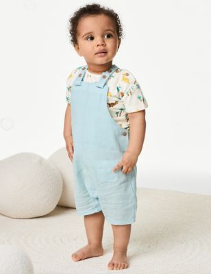 M&S Boy's 2pc Cotton Rich Dinosaur Bibshort Outfit (0-3 Yrs) - 0-3 M - Blue, Blue