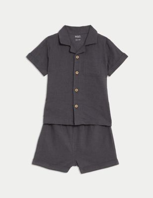 M&S Boys 2pc Cotton Rich Top & Bottom Outfit (0 Mths-3 Yrs) - 9-12M - Charcoal, Charcoal,Neutral