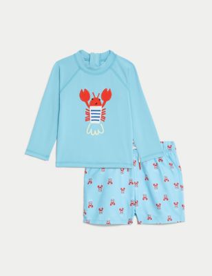 M&S Boy's 2pc Lobster Long Sleeve Swim Set (0-3 Yrs) - 0-3 M - Turquoise Mix, Turquoise Mix