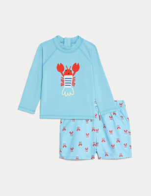 M&S Boys 2pc Lobster Long Sleeve Swim Set (0-3 Yrs) - 0-3 M - Turquoise Mix, Turquoise Mix